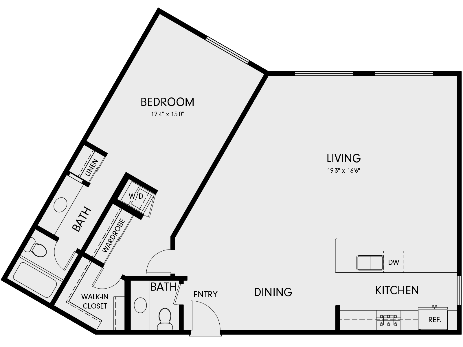 Floor plan for 1 bed, 1 bath, 1169 sqft